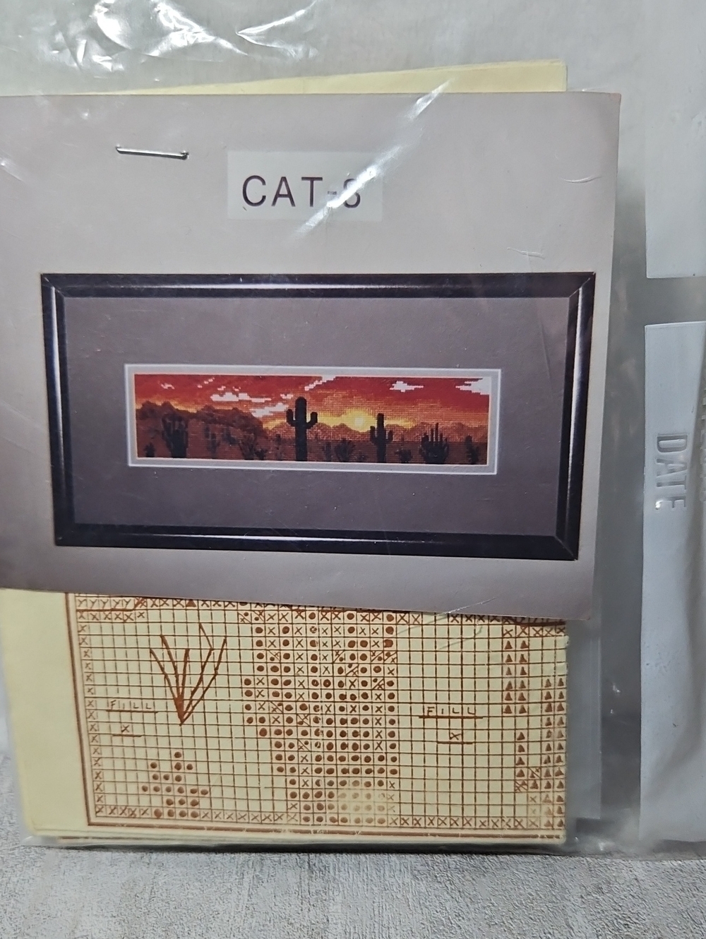counted cross-stitch kit containing a panoramic desert sunset pattern